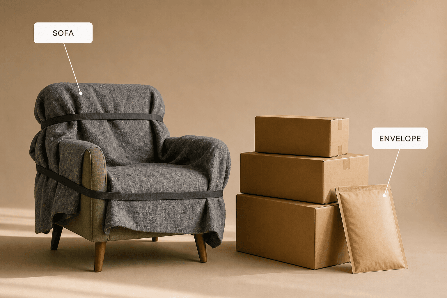 A packed parcel with a blank label beside a folded moving blanket and a small side table, labelled parcel and sofa