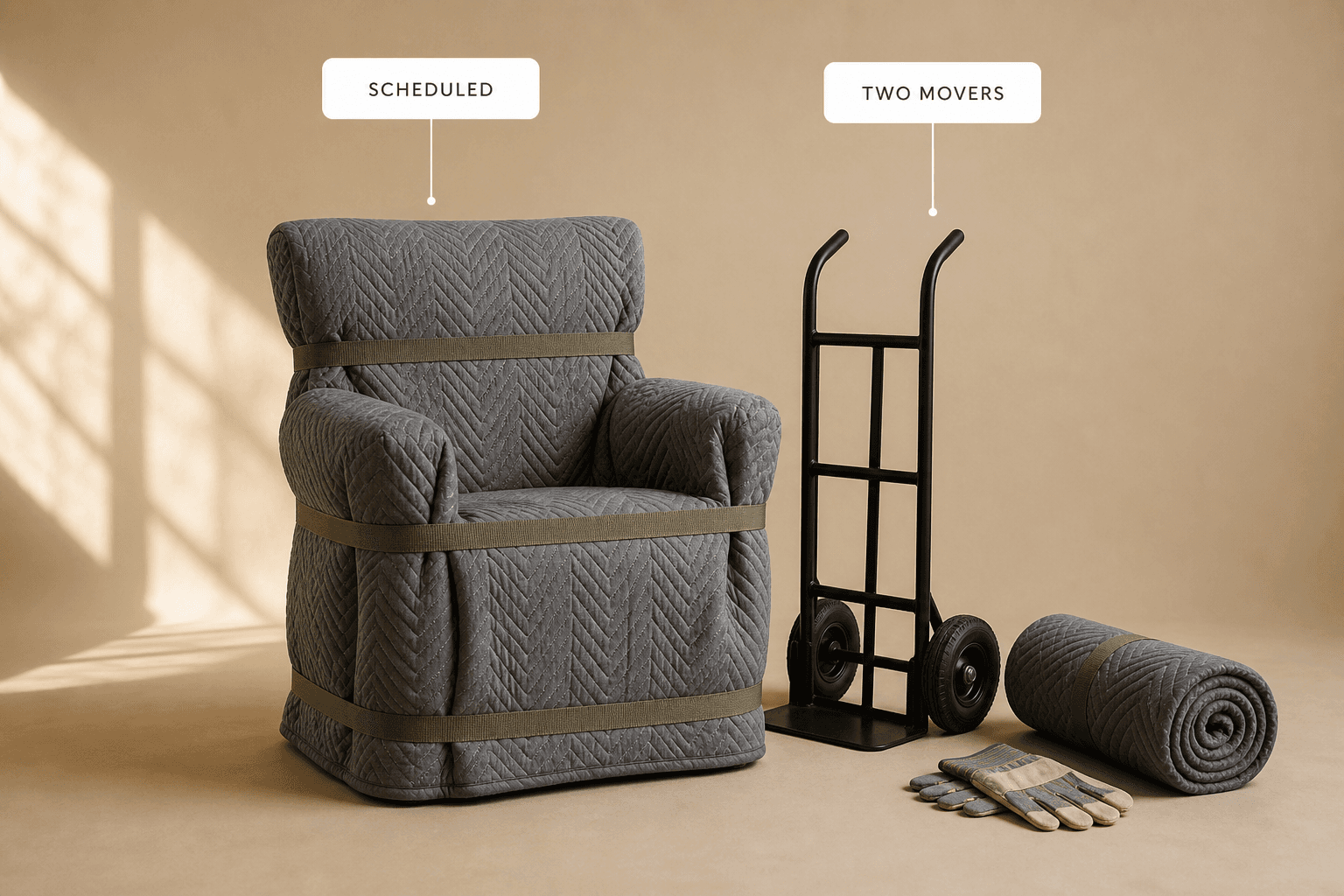 An armchair wrapped in a quilted moving blanket and strapped, standing beside a black hand truck, a rolled blanket and work gloves, labelled scheduled and two movers