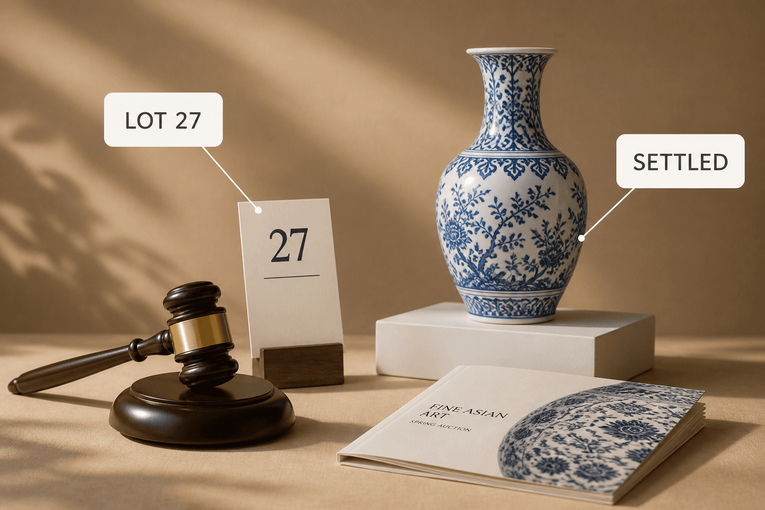 A gavel and a numbered lot card beside a ceramic vase on a plinth, labelled lot twenty-seven and settled