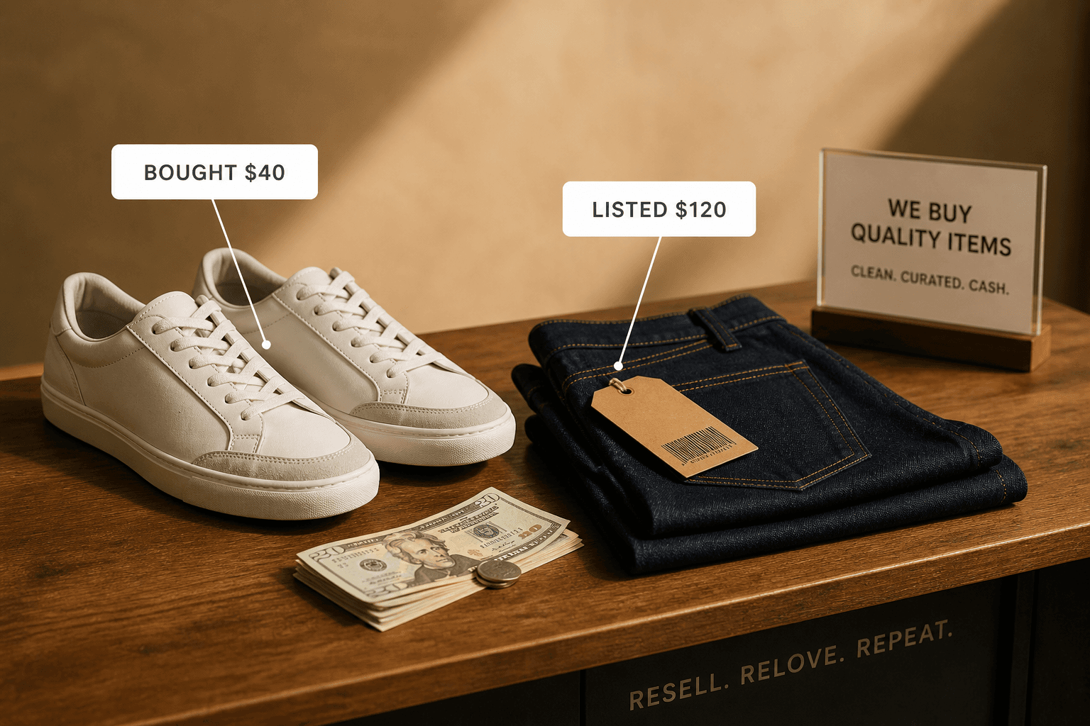 A buy counter with sneakers, folded denim and a cash tray, labelled bought and listed