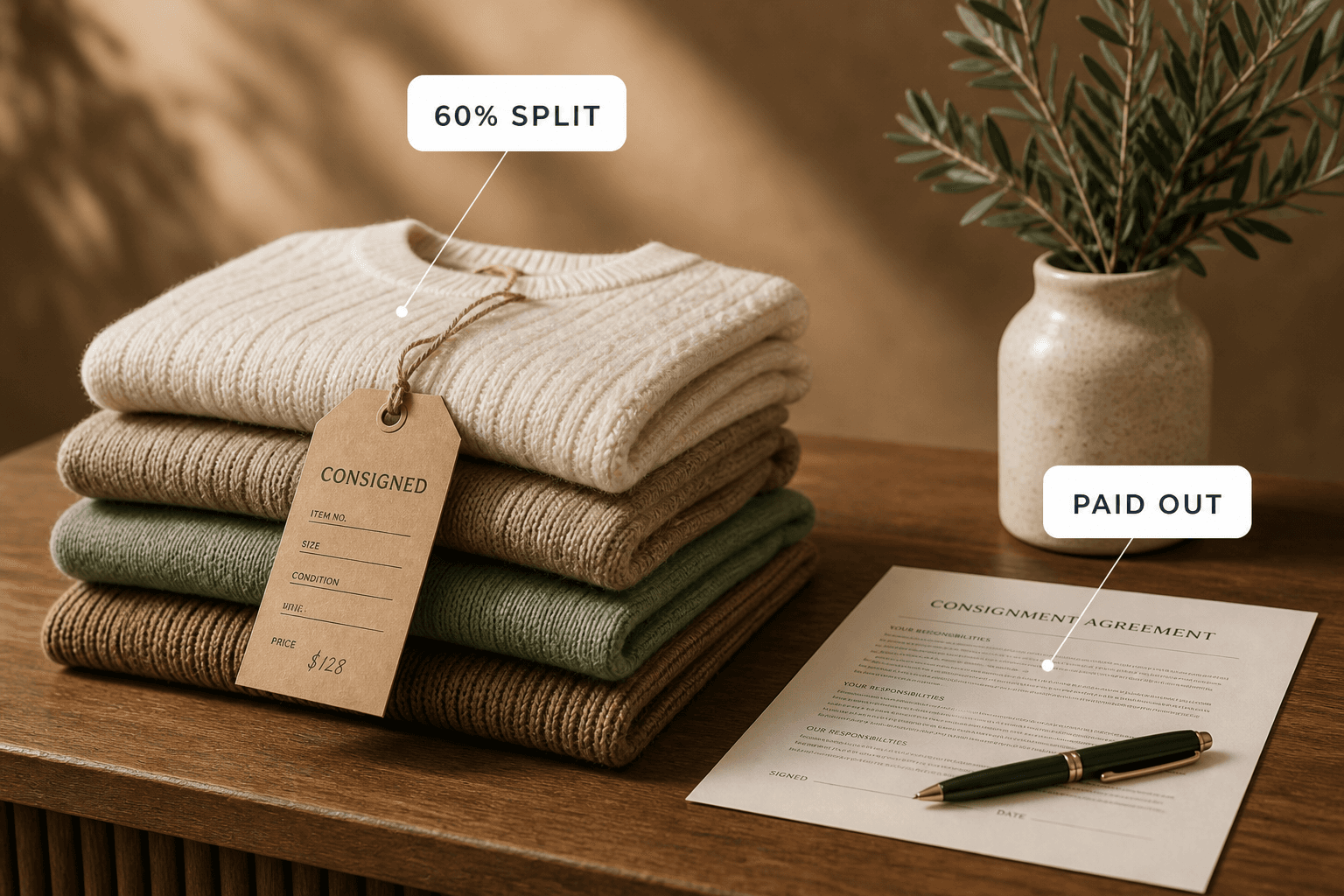 A consignment intake counter with folded designer knitwear, a signed agreement and a ceramic vase, labelled sixty percent split and paid out