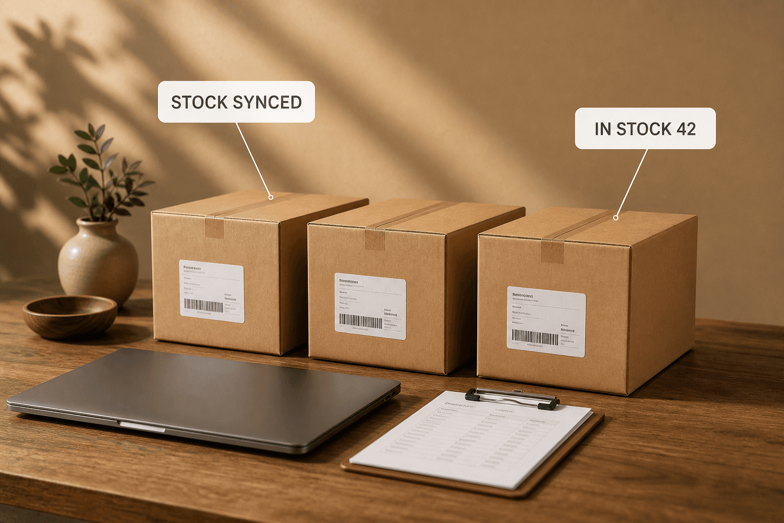 Neat rows of identical cartons beside a laptop and a clipboard, labelled stock synced and in stock