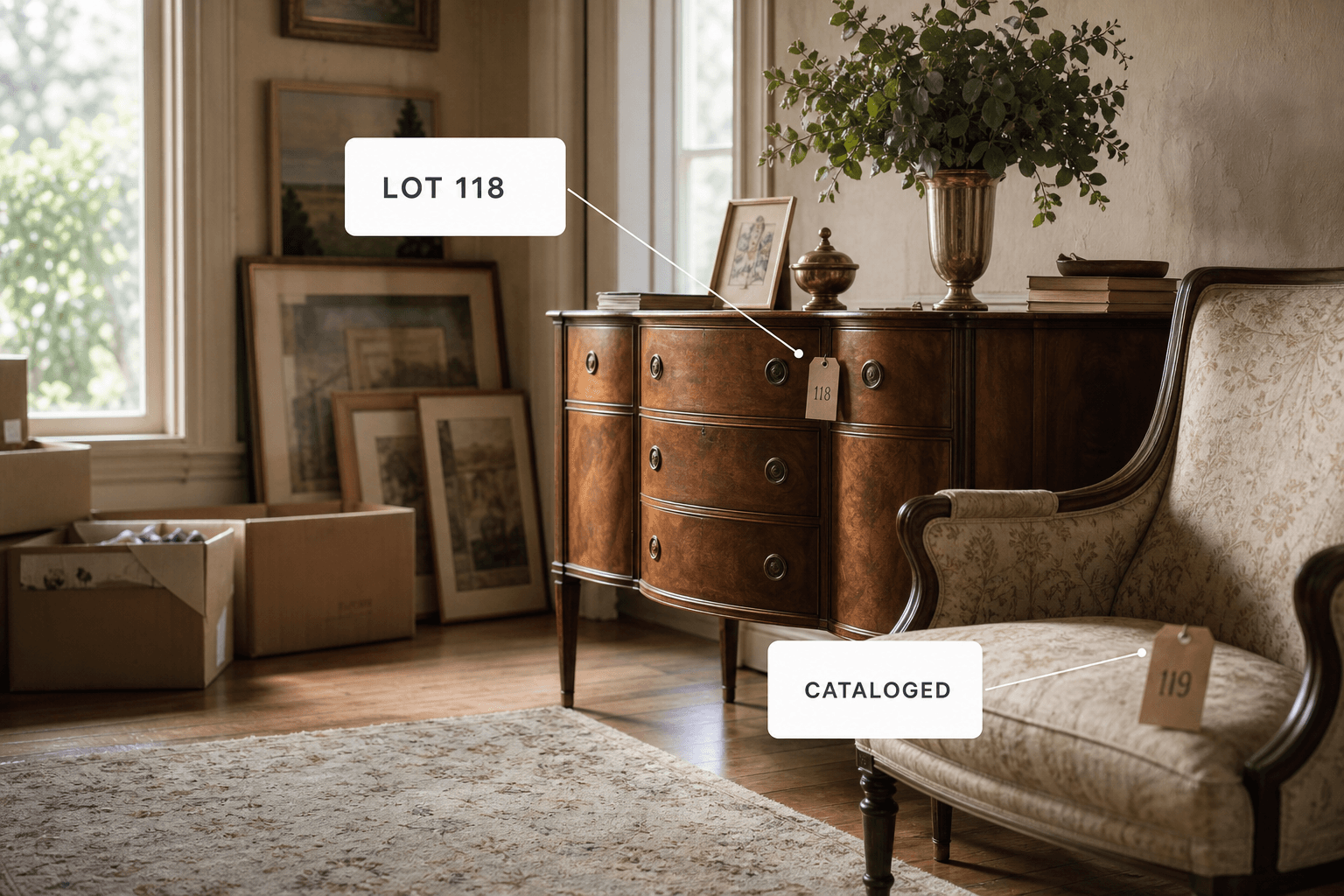 A furnished room with tagged furniture and packed boxes, labelled lot one eighteen and sold