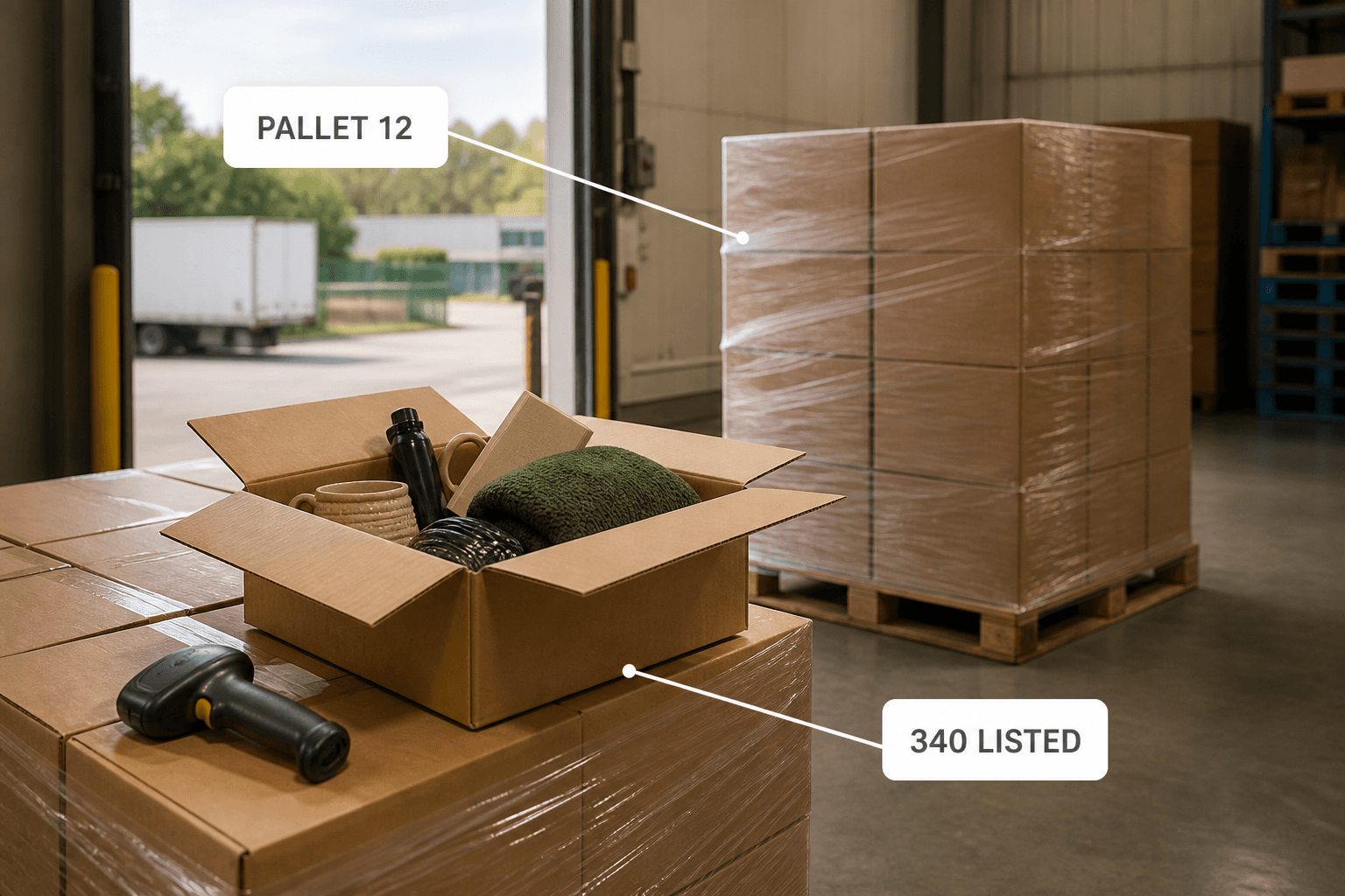 Stacked pallets and cartons on a warehouse floor beside a barcode scanner, labelled pallet twelve and listed