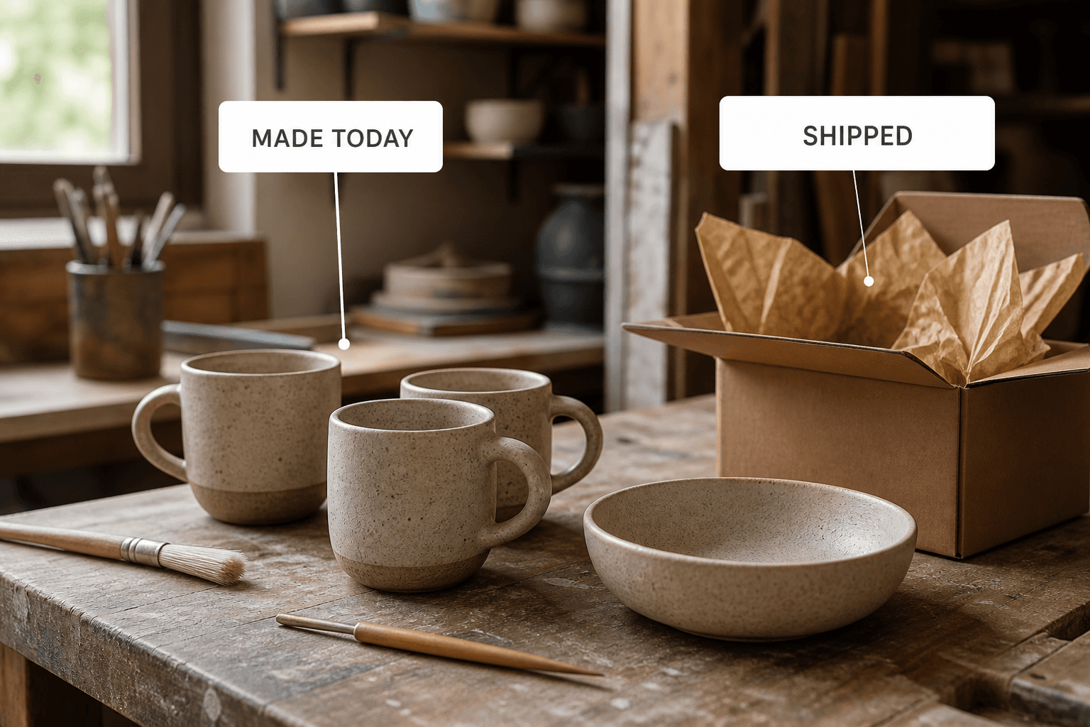 A workshop bench with handmade ceramics, tools and a packed shipping box, labelled made today and shipped