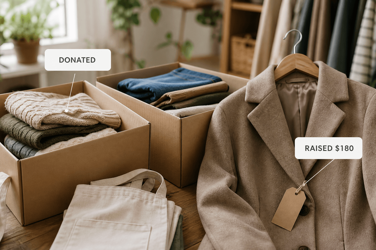 Donation bags and a tagged wool coat on a sorting table beside a volunteer apron, labelled donated and raised
