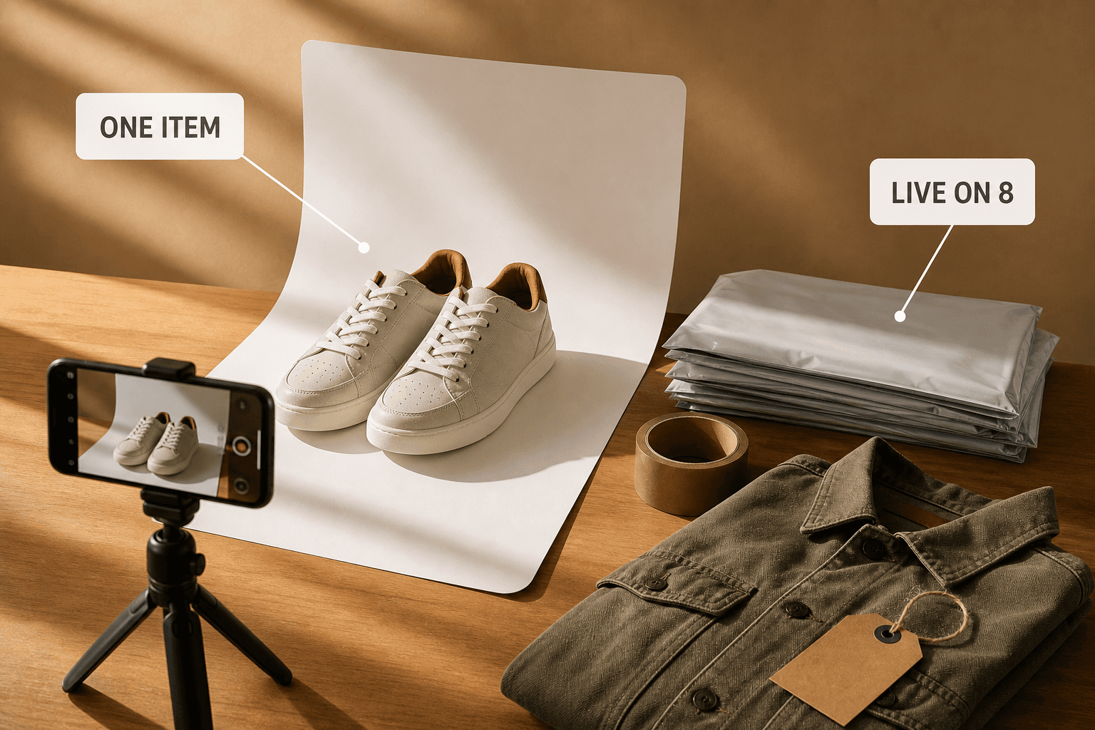 A packing desk with a phone photographing sneakers beside poly mailers, labelled one item and live on eight