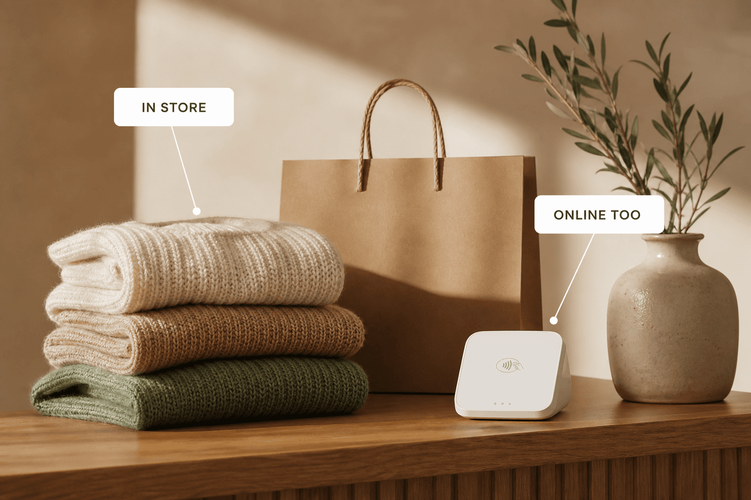 A boutique shelf of folded sweaters beside a kraft shopping bag and a card reader, labelled in store and online