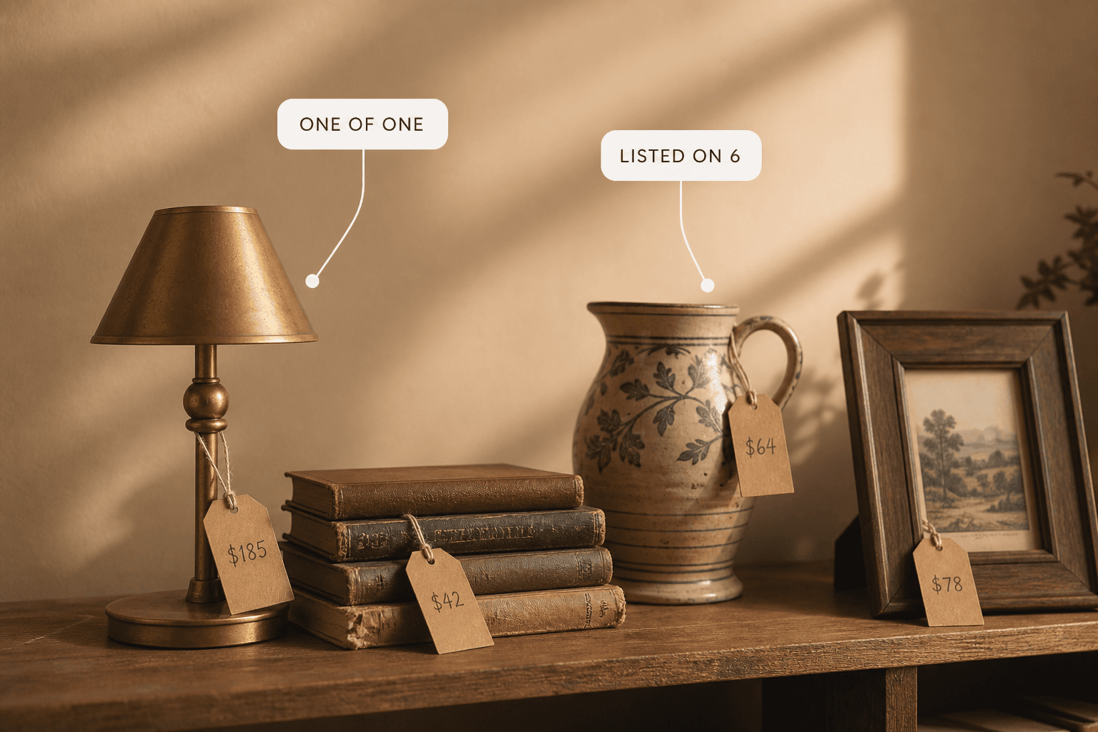 A shelf of vintage finds — a brass lamp, stacked books and ceramics with kraft price tags — labelled one of one and listed