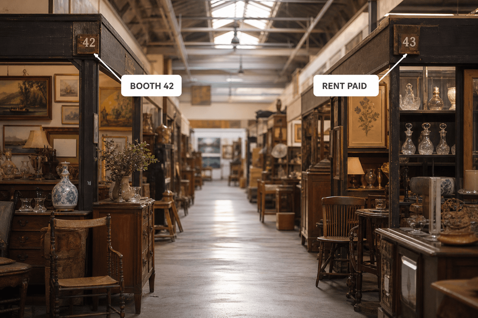 An aisle of numbered vendor booths filled with antiques, labelled booth forty-two and rent paid