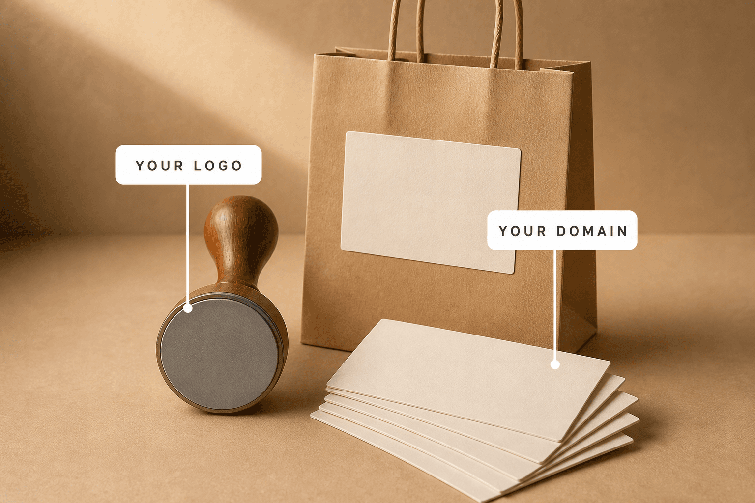 A wooden rubber stamp with a blank face beside a fan of blank cream business cards and a kraft shopping bag, labelled your logo and your domain