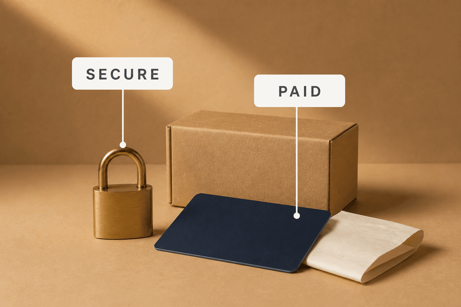 A brass padlock beside a plain navy card and a folded receipt in front of a kraft parcel, labelled secure and paid