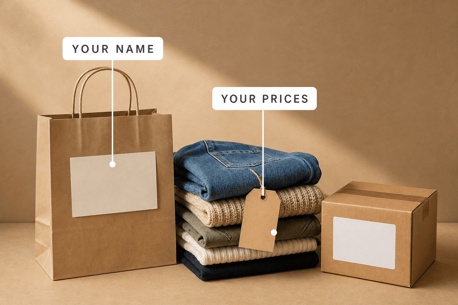 A kraft shopping bag with a blank label, a folded stack of secondhand clothes with a price tag and a parcel ready to post, labelled your name and your prices