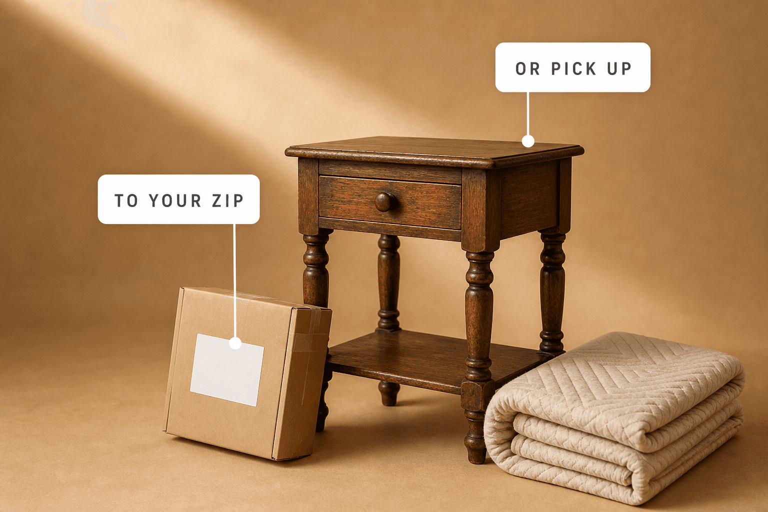 A vintage wooden side table beside a parcel with a blank shipping label and a folded moving blanket, labelled to your zip and or pick up