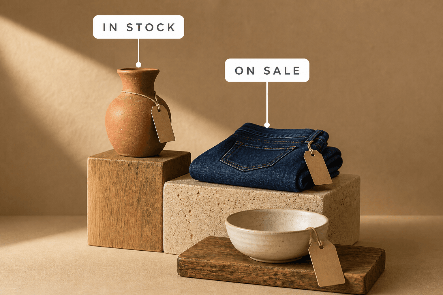 A terracotta vase, folded jeans and a ceramic bowl on wooden risers with kraft swing tags, labelled in stock and on sale