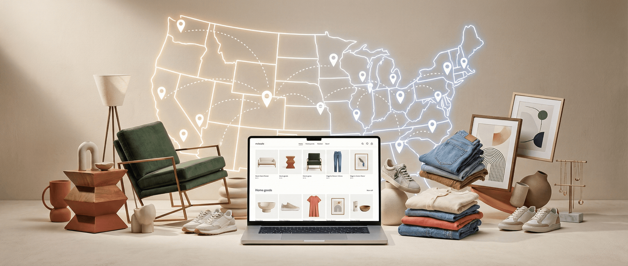 An online storefront on a laptop in front of a glowing US map, surrounded by furniture, clothing and homeware