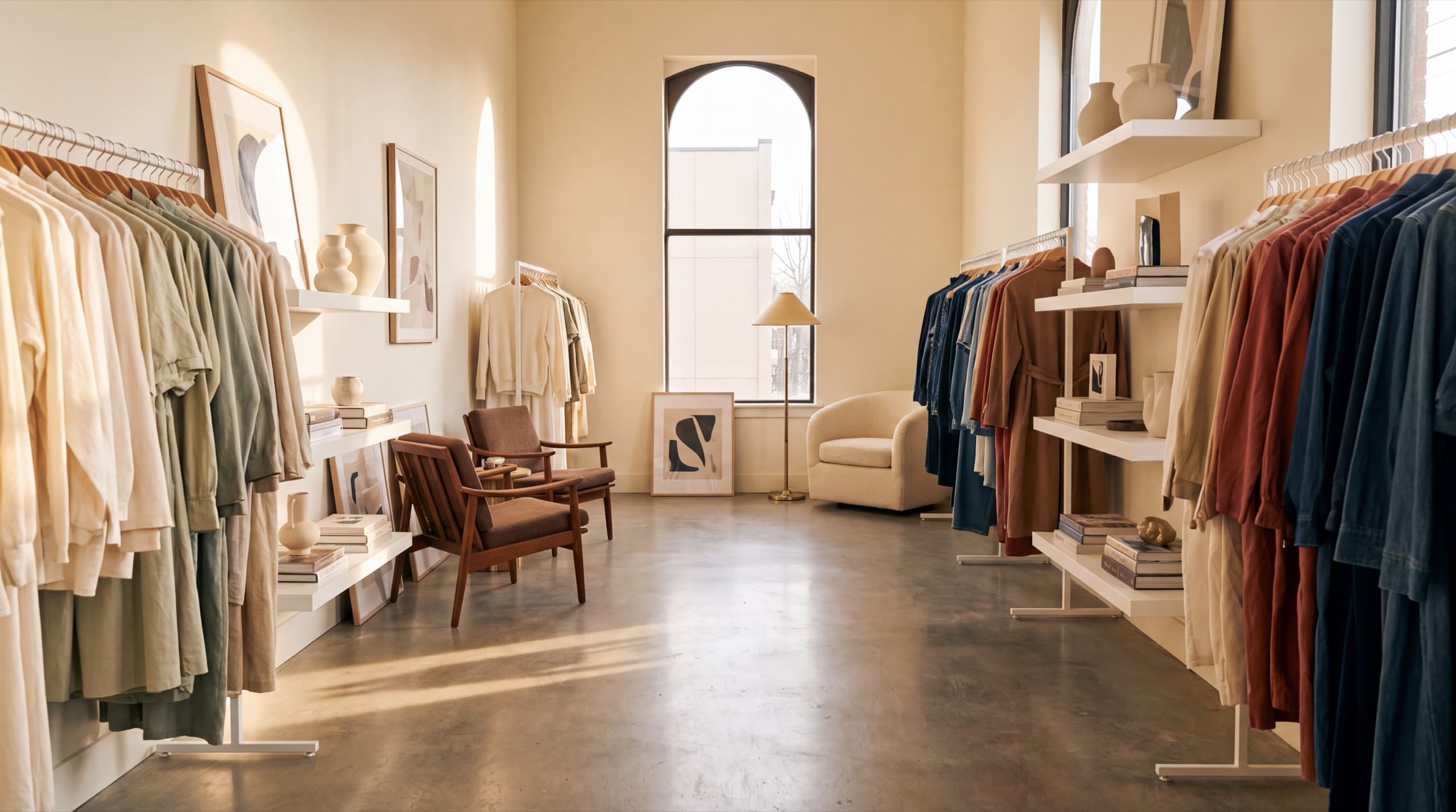 The inside of a resale shop — rails of vintage clothing down both sides, mid-century chairs, ceramics and framed art on white shelving, afternoon light through the far window