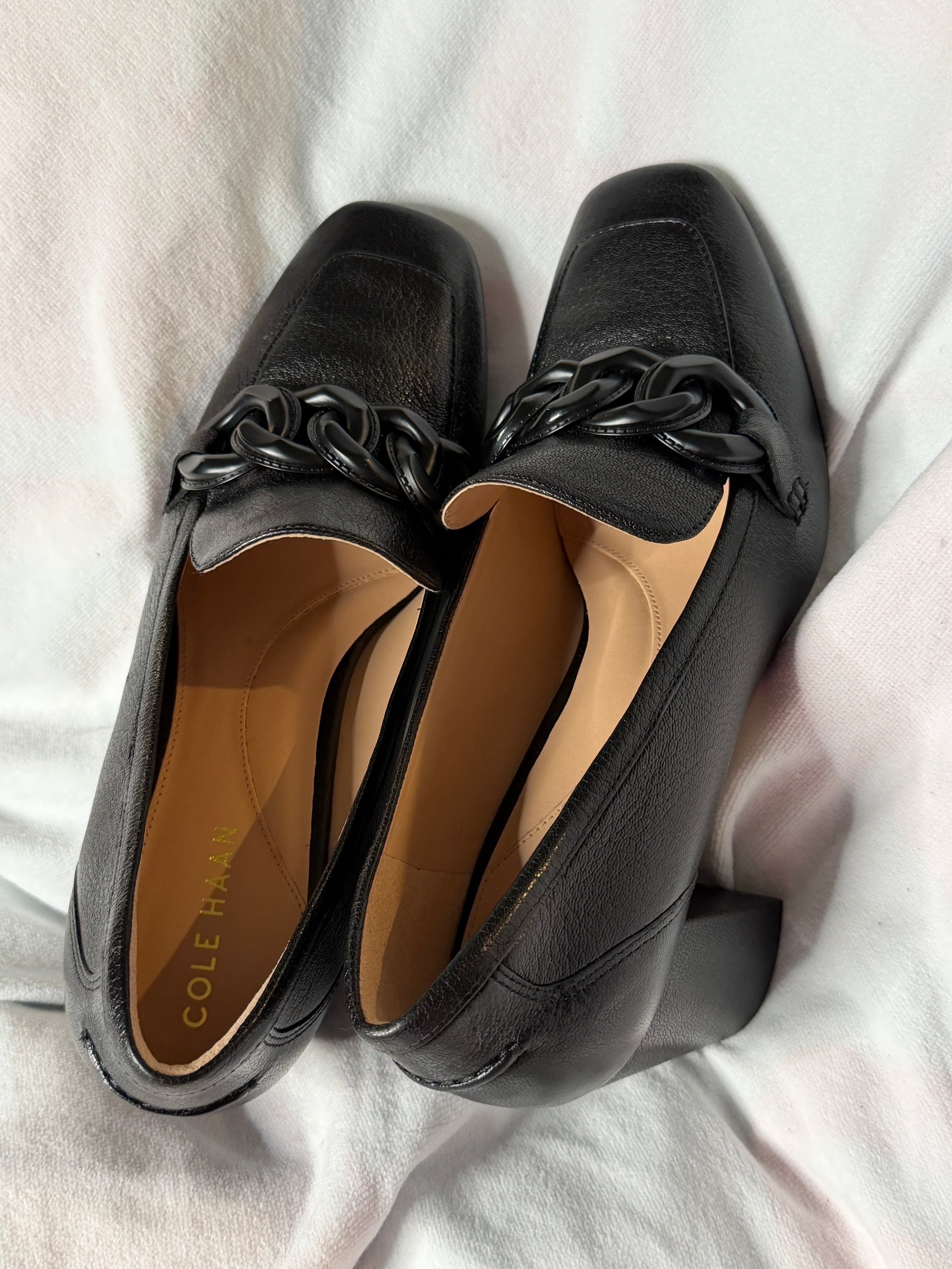 Cole Haan Chrystie Block Heel Women's Black Loafers with Chain Detail Size 9.5B