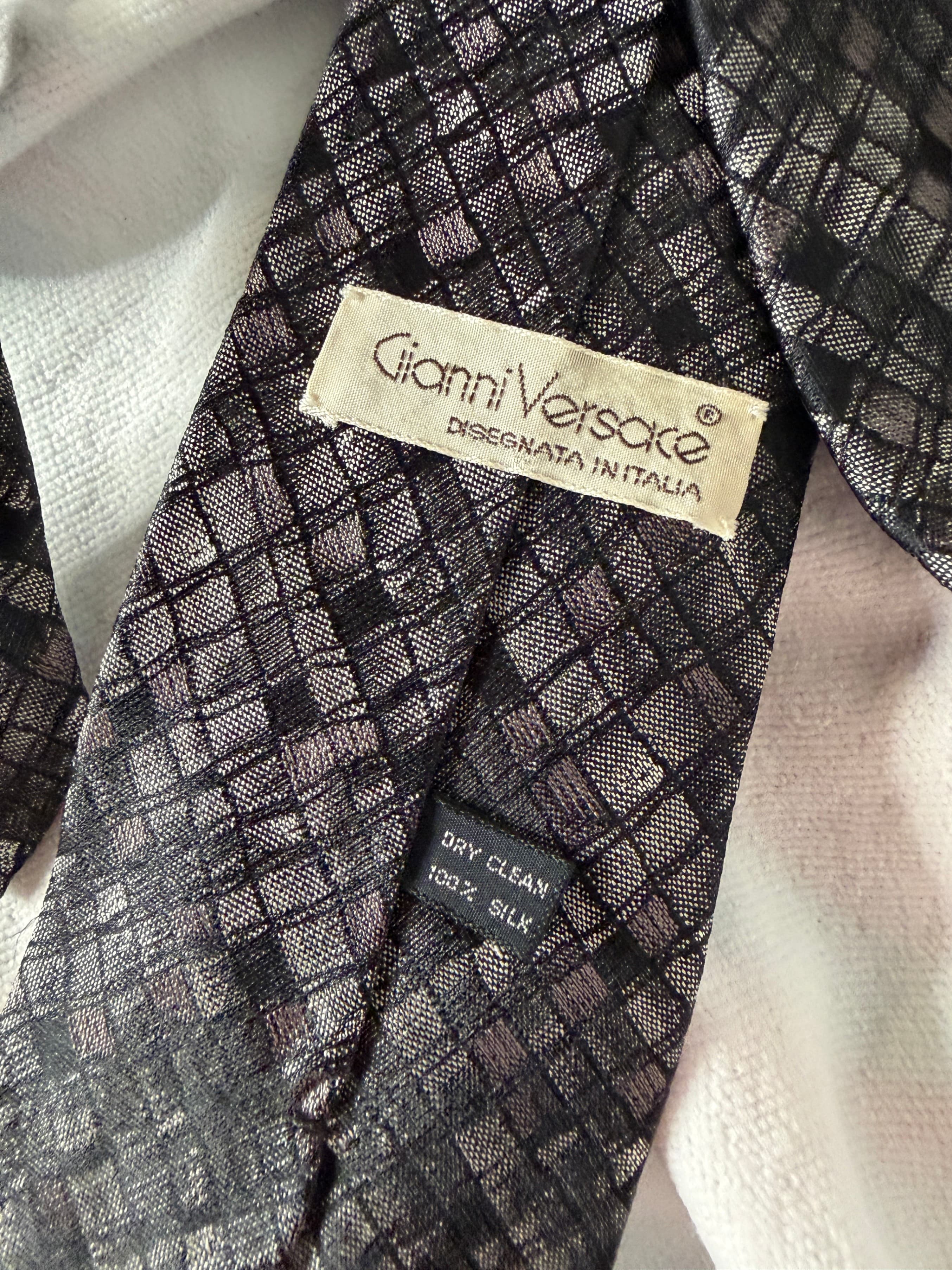 Gianni Versace 100% Silk Tie — Black Geometric Pattern