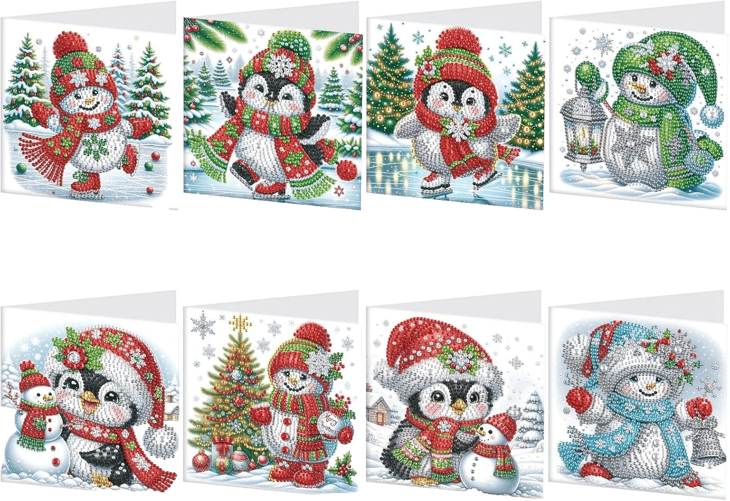 8pcs Christmas Diamond Painting Greeting Cards Christmas snowman & penguin - Image 1
