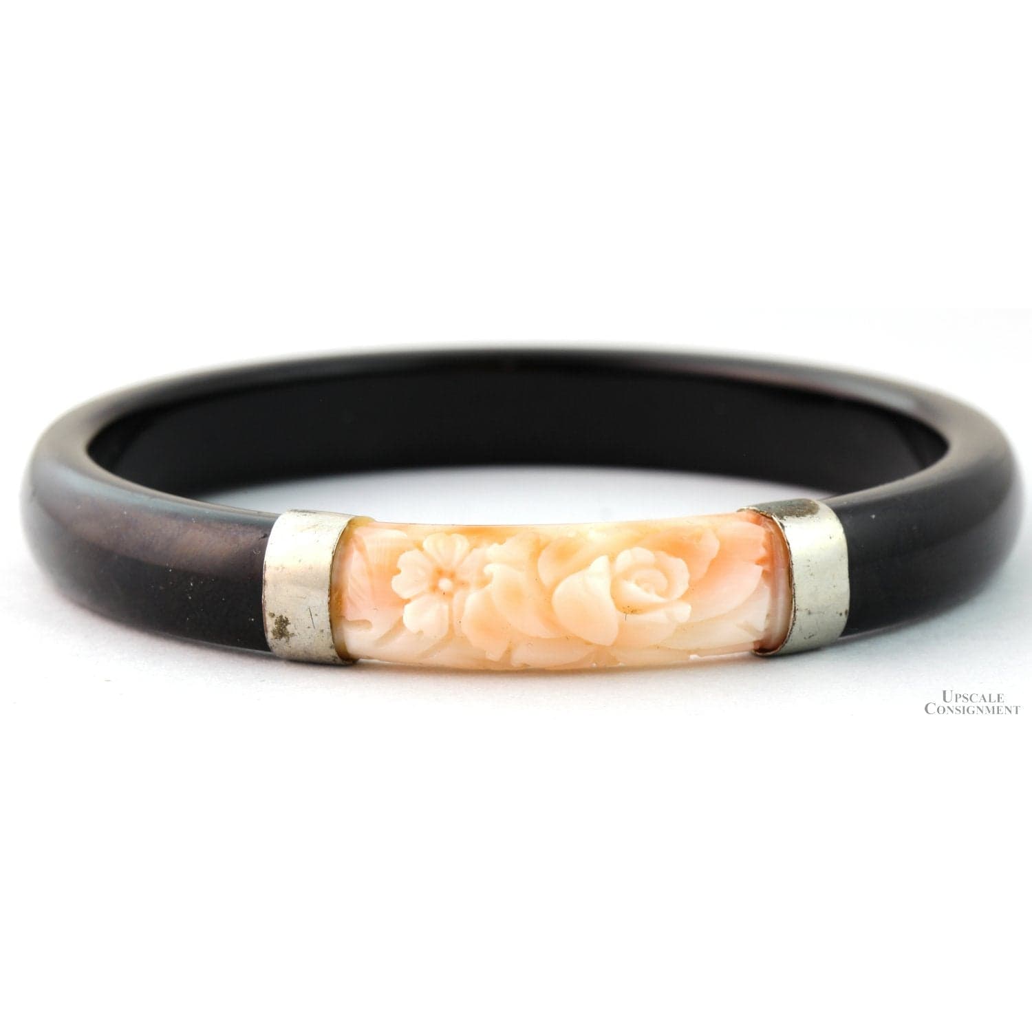 Black Onyx Bangle with Carved Angel Skin Coral Rose Panel - 64 mm ID - Image 1
