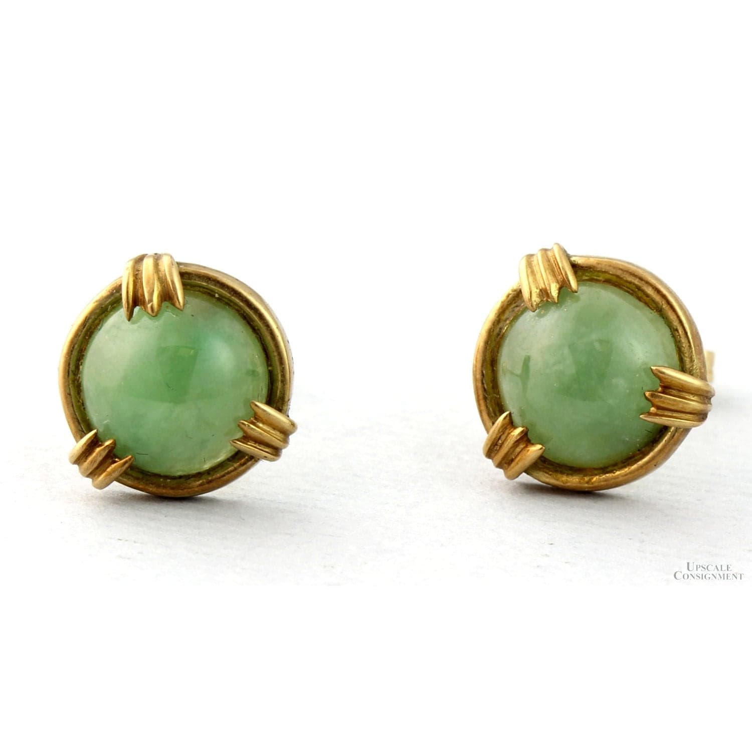 14K Yellow Gold Jadeite Jade Earrings – Natural Green Jade - 8mm Cabochons - Image 1