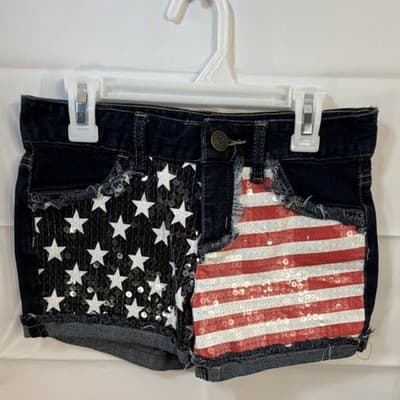 Justice Girls Cut-Off Denim Shorts 12 Sequined Stars & Stripes Frayed Hem