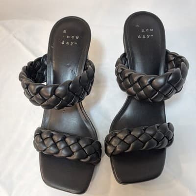 A New Day Black Braided Block Heel Strappy Sandals Women's Size 5.5 Square Toe - Image 1