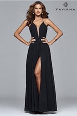 Faviana Black Maxi Dress Sleeveless V-Neck Lace Up Back Side Slit Strappy - Image 1