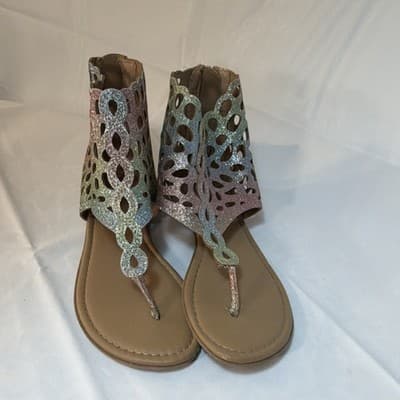 Multicolor Glitter Strappy Flat Sandals Zip Ankle Strap Women's Casual Summer - Image 1