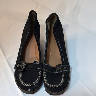 M.P.S. Black Suede Moccasin Flats Buckle Accent Comfort Women's Size 7.5M