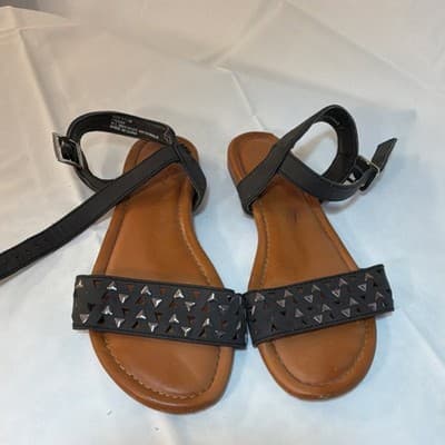 Sugar Studded Black Ankle Strap Flat Sandals Women's Buckle Casual Summer - Image 1