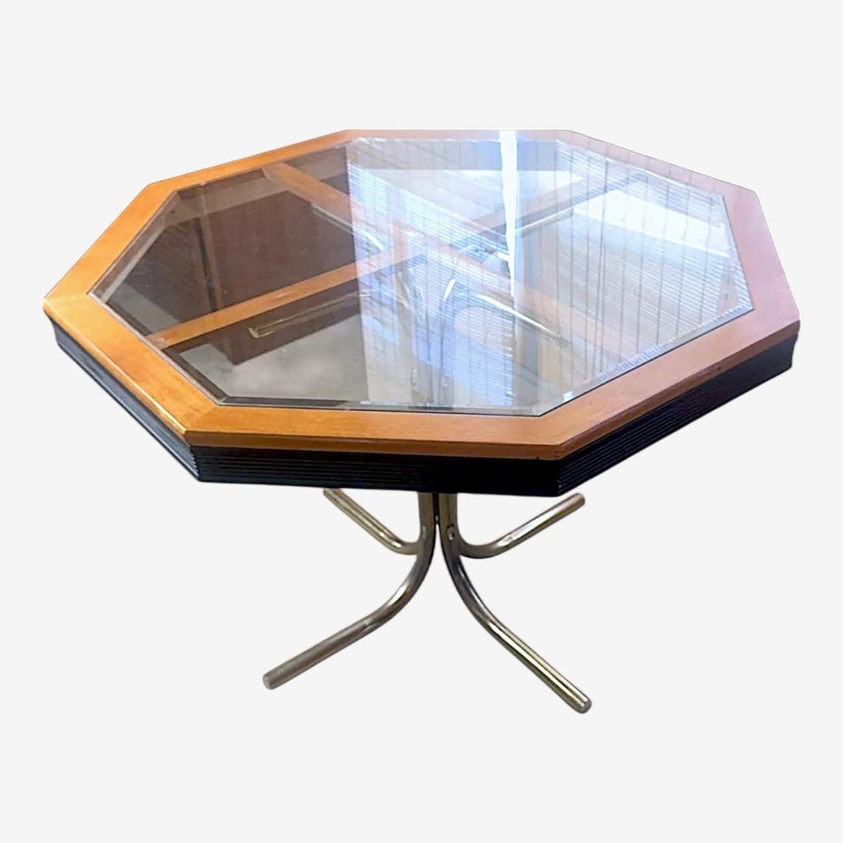 1980s Mid-Century Modernist Octagonal Glass & Wood Game / Dining Table With Brass Base - Image 1
