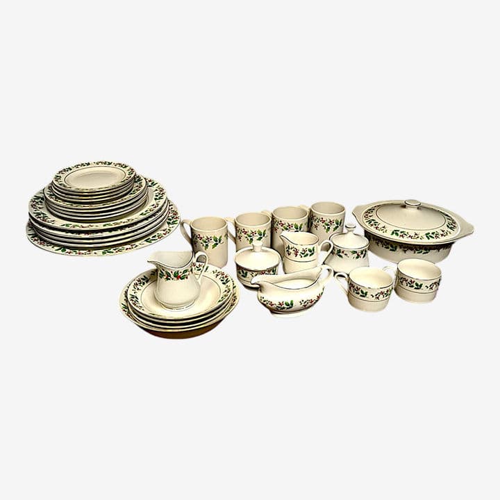 Late 20th Century Gibson Holiday Charm Holly Berry Dinnerware Place Setting for 4 - Set of 33 Pieces - Image 1