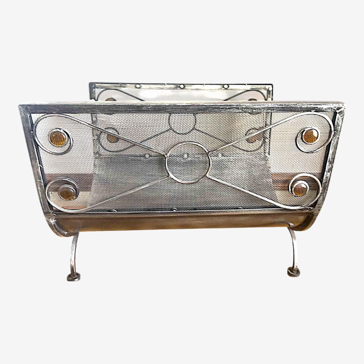 Art Deco Style Silver Toned Metal Mesh Firewood Holder Scrolling Metal Amber Glass Medallions - Image 1