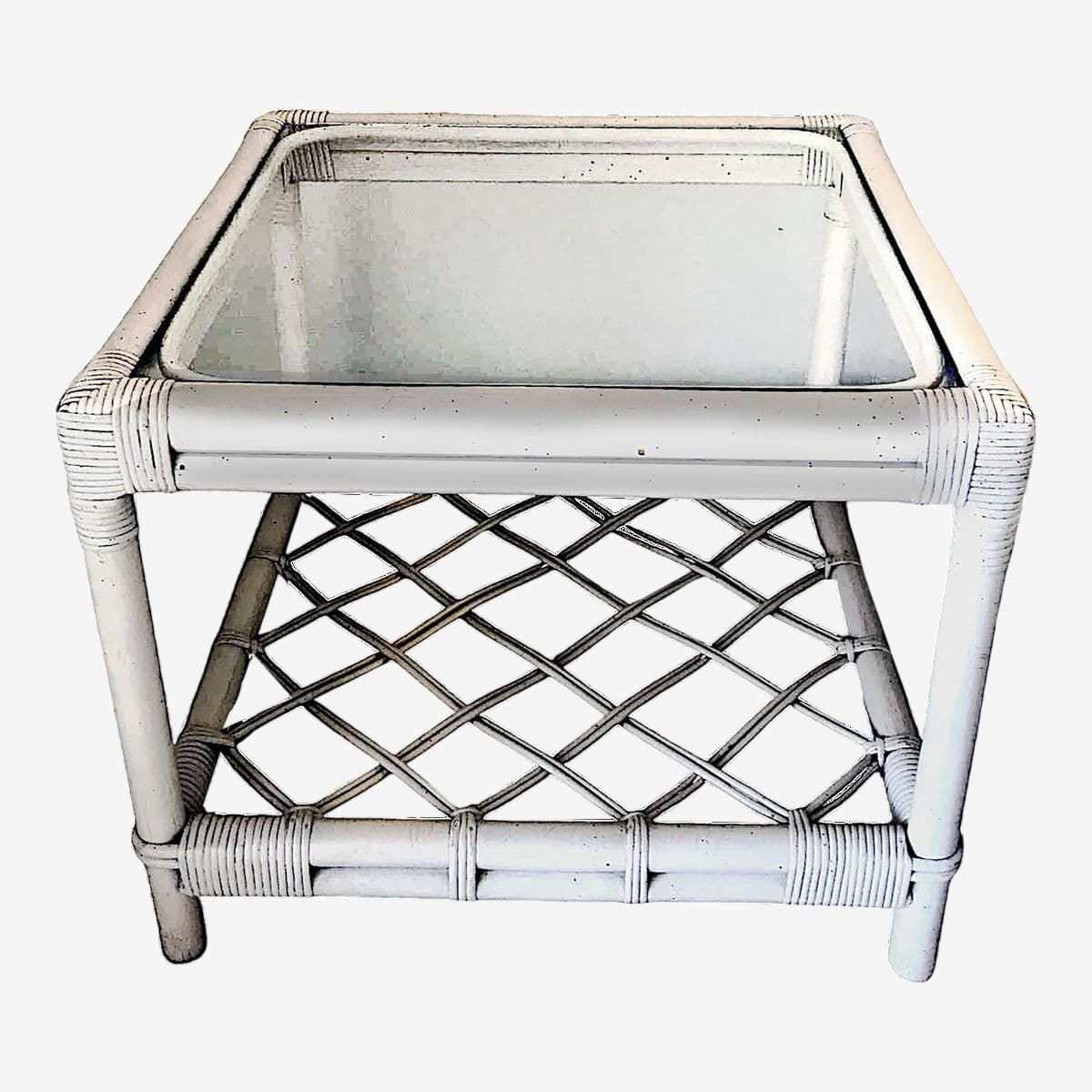 1990s White Rattan Ficks Reed Style Side Table With Latticed Lower Shelf - Image 1