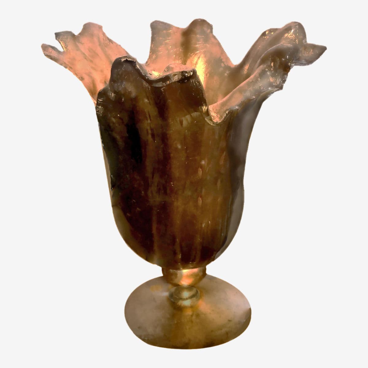 Vintage 16.5" Murano Lavorazione Art Glass Parcel Gilt Wrapped Pedestal Shell Vase - Image 1