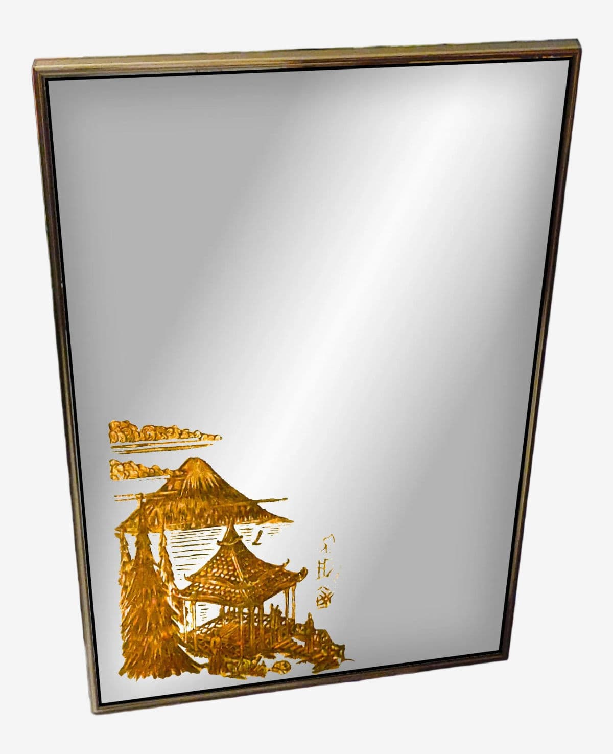 Hollywood Regency Wall Mirror Accented With Gold Carved Eglomise Japanese Pagoda Scene - Image 1
