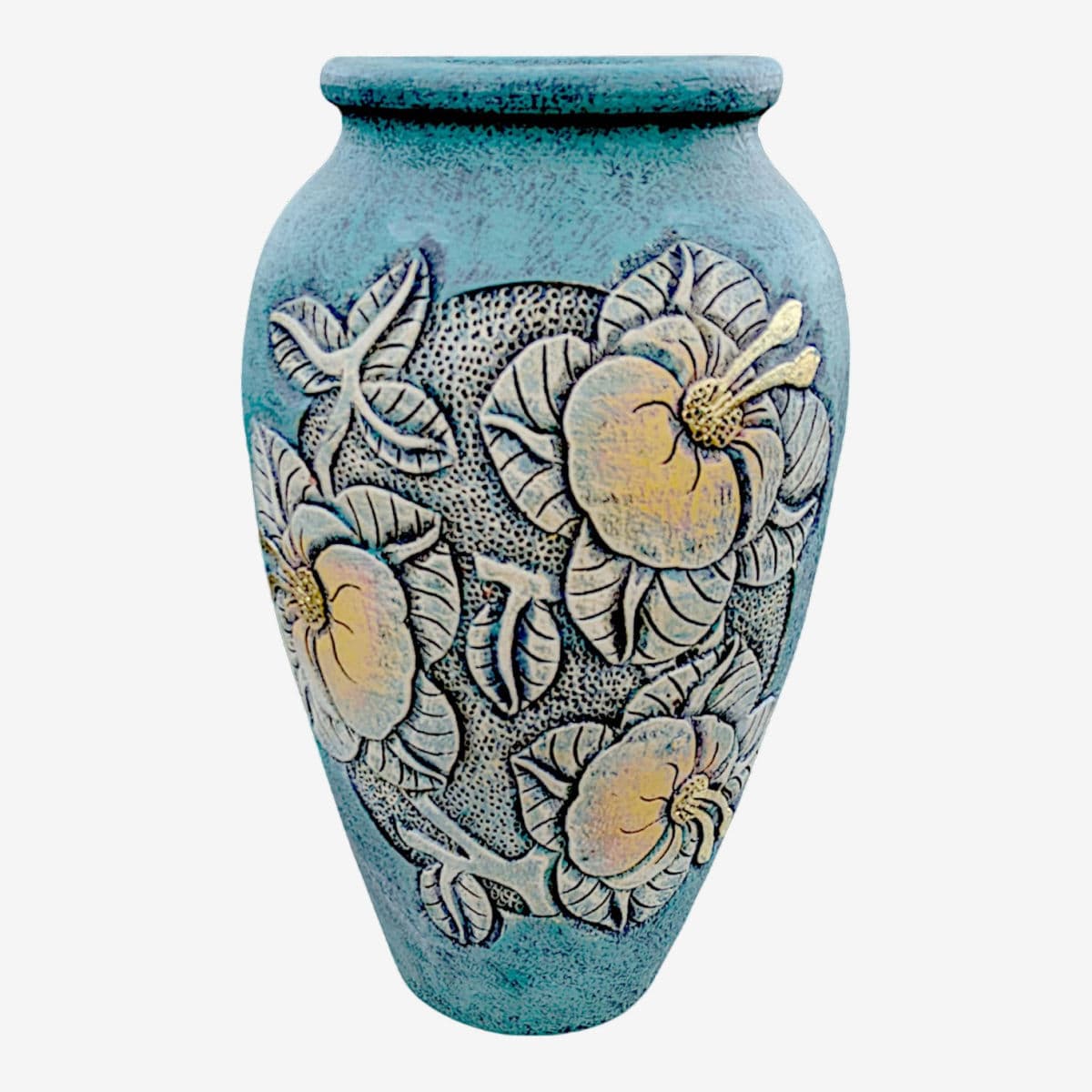 1980's Incised Turquoise Yellow Botanical Themed Hand-Thrown Studio Pottery Planter Vessel - Image 1