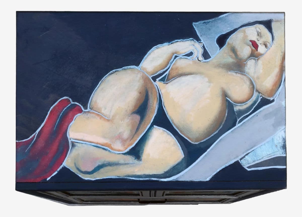 Patrick Briggs 'Tamara De Lempica" 2021 Acrylic Painted Campaign Style Wooden Nightstand - Image 1