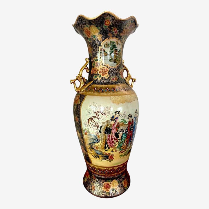 Signed Tall Vintage Mid Century Gilded Satsuma Hand Painted Porcelain Temple Vase Signed - Image 1