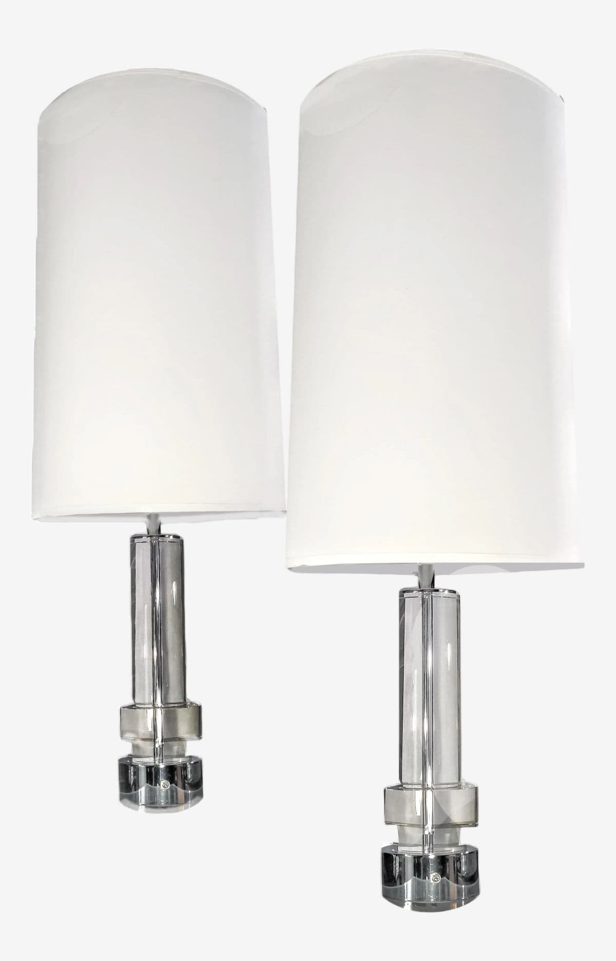 Postmodern Glass & Chrome Column Table Lamps With White Jumbo Drum Lampshades- a Pair - Image 1