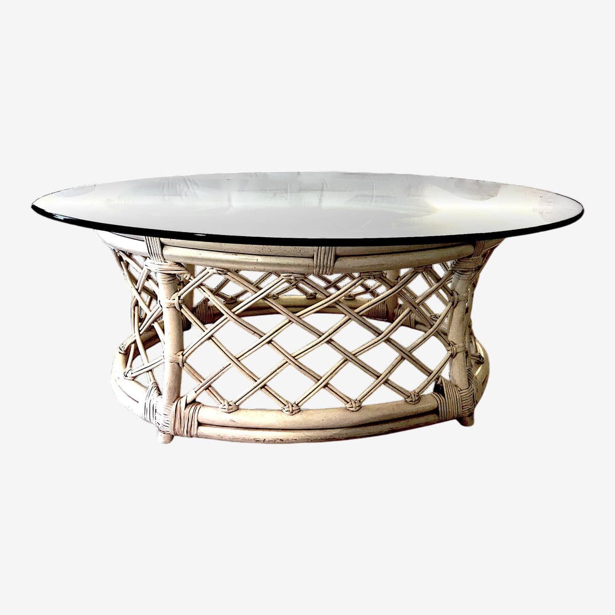 80s Boho Off-White Lattice Rattan Glass Top Oval McGuire Style Coffee Table - Image 1