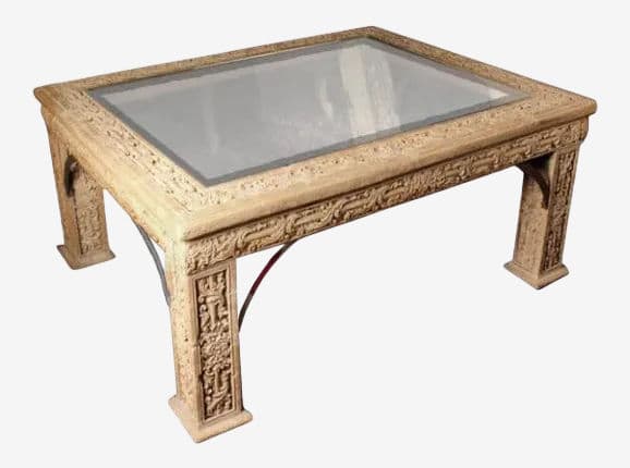 1970s Carved Faux Stone Coffee Table With Beveled Glass Top Inlay - Image 1