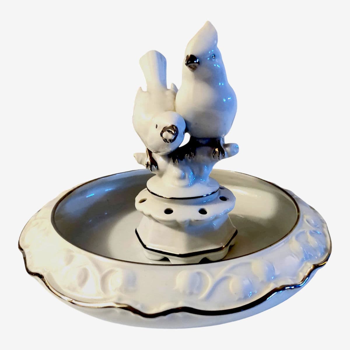 Dresden & Gerold Porzellan Bavaria Silver Trimmed Bird Bath Flower Frog 2 Piece Centerpiece - Image 1