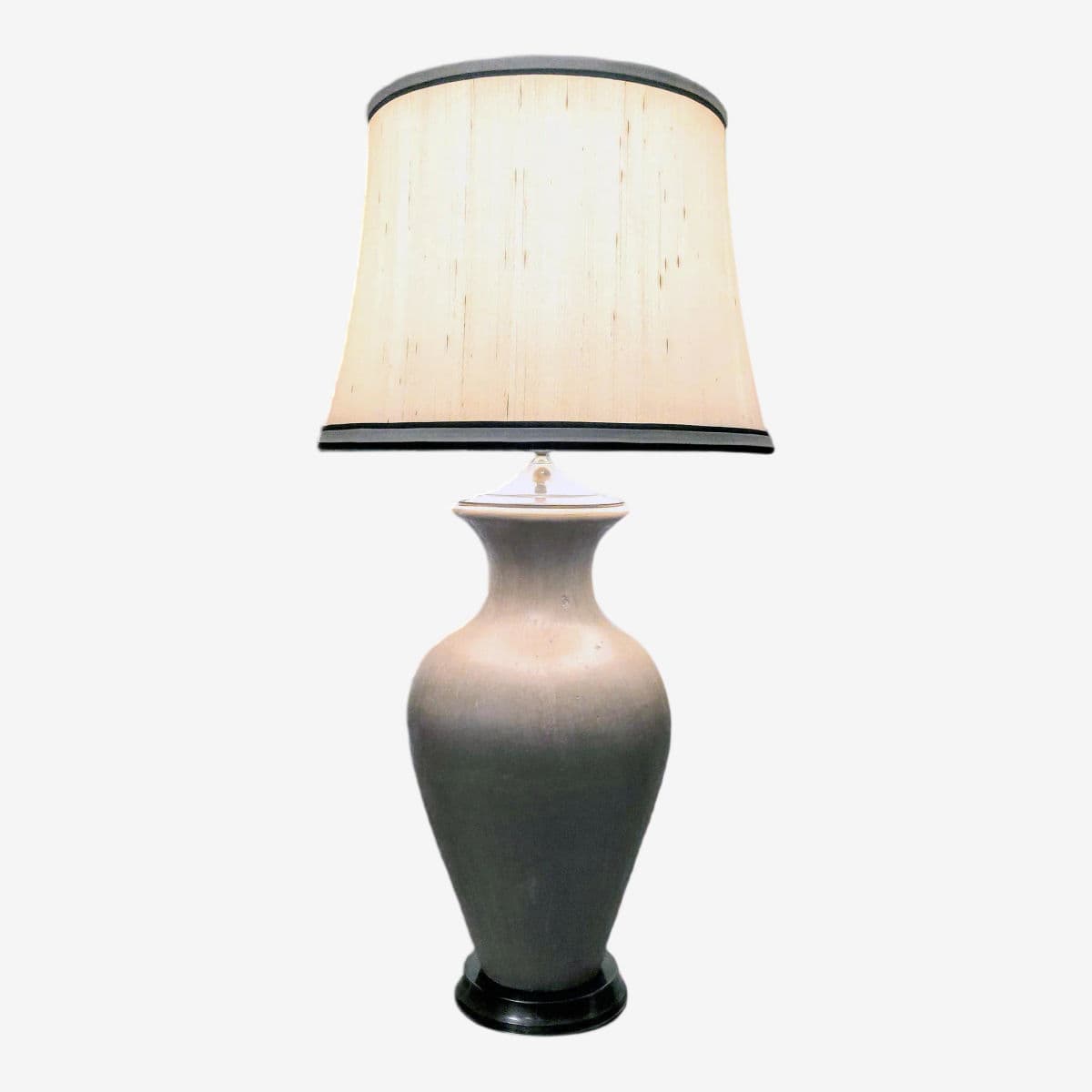 Matte Glazed Monumental Ecru Toned Clay Urn Shaped Table Lamp & Banded Ivory Lamp Shade - Image 1