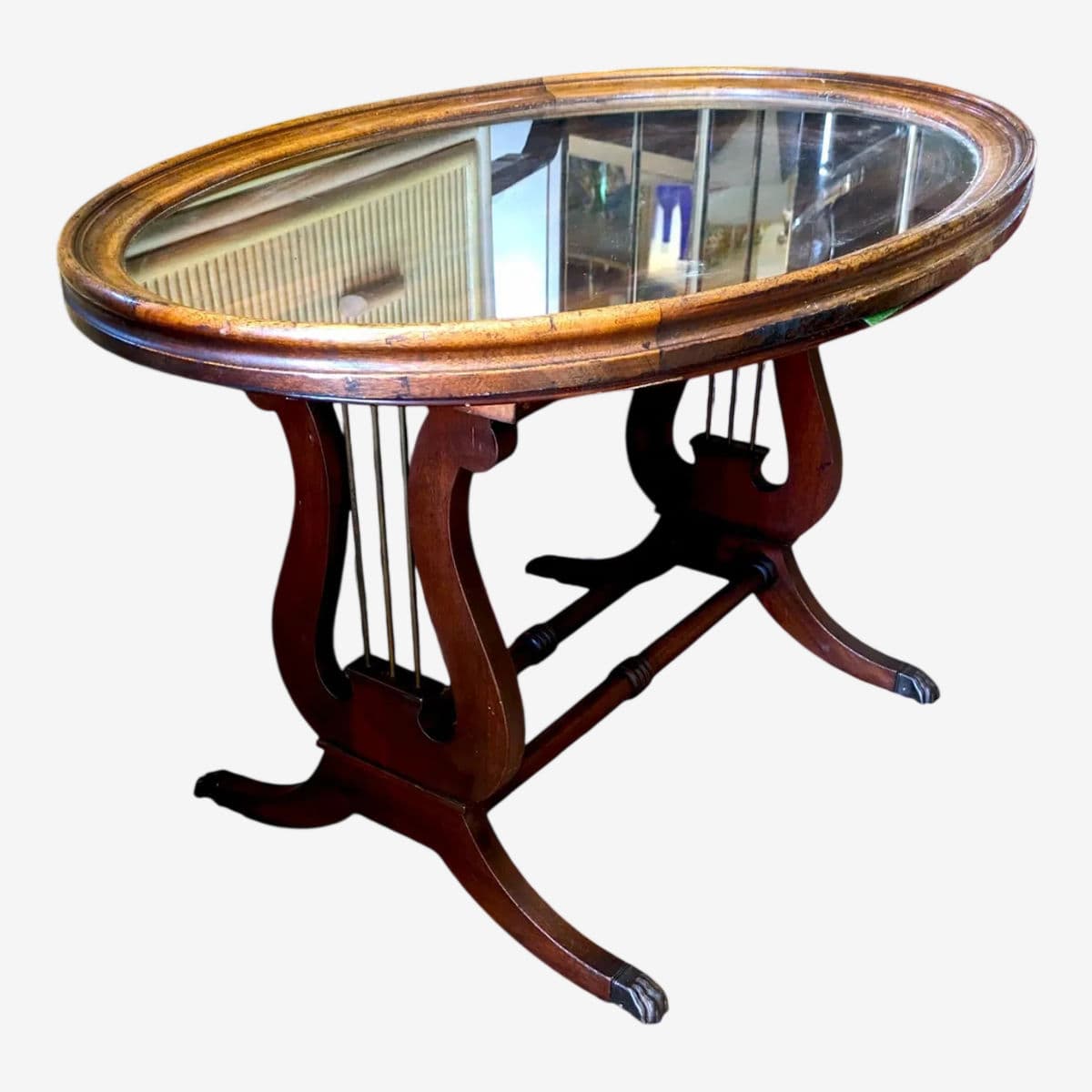 1940s American Empire Mahogany Oval Lyre Base Glass Topped Butler Tray Table - Image 1