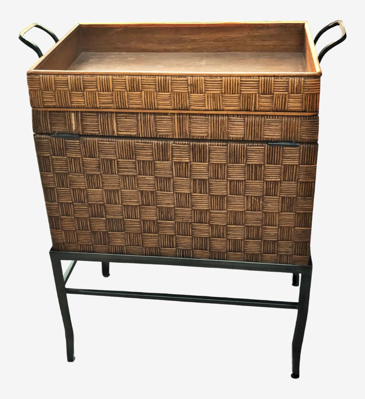 Crosshatched Wicker Reed Wrapped Hinge Lidded Keepsake Box on Metal Stand - 3 Pc Set - Image 1