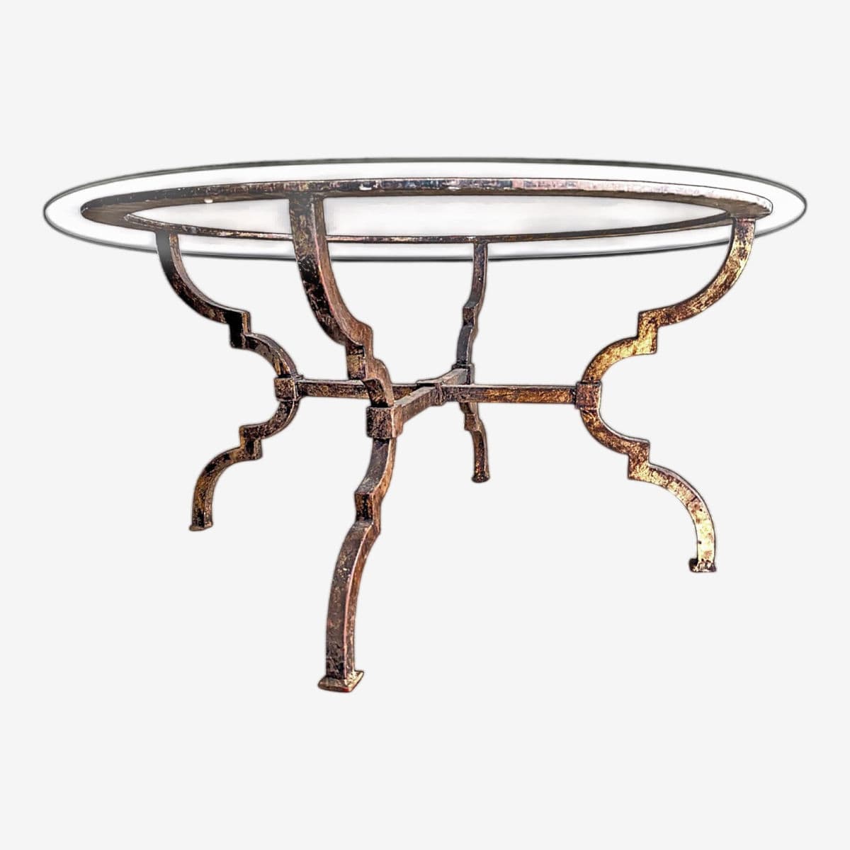 Spanish Revival Parcel-Gilt Wrought Iron & Glass Quatrefoil Legged Round Coffee Tables - 2 Available