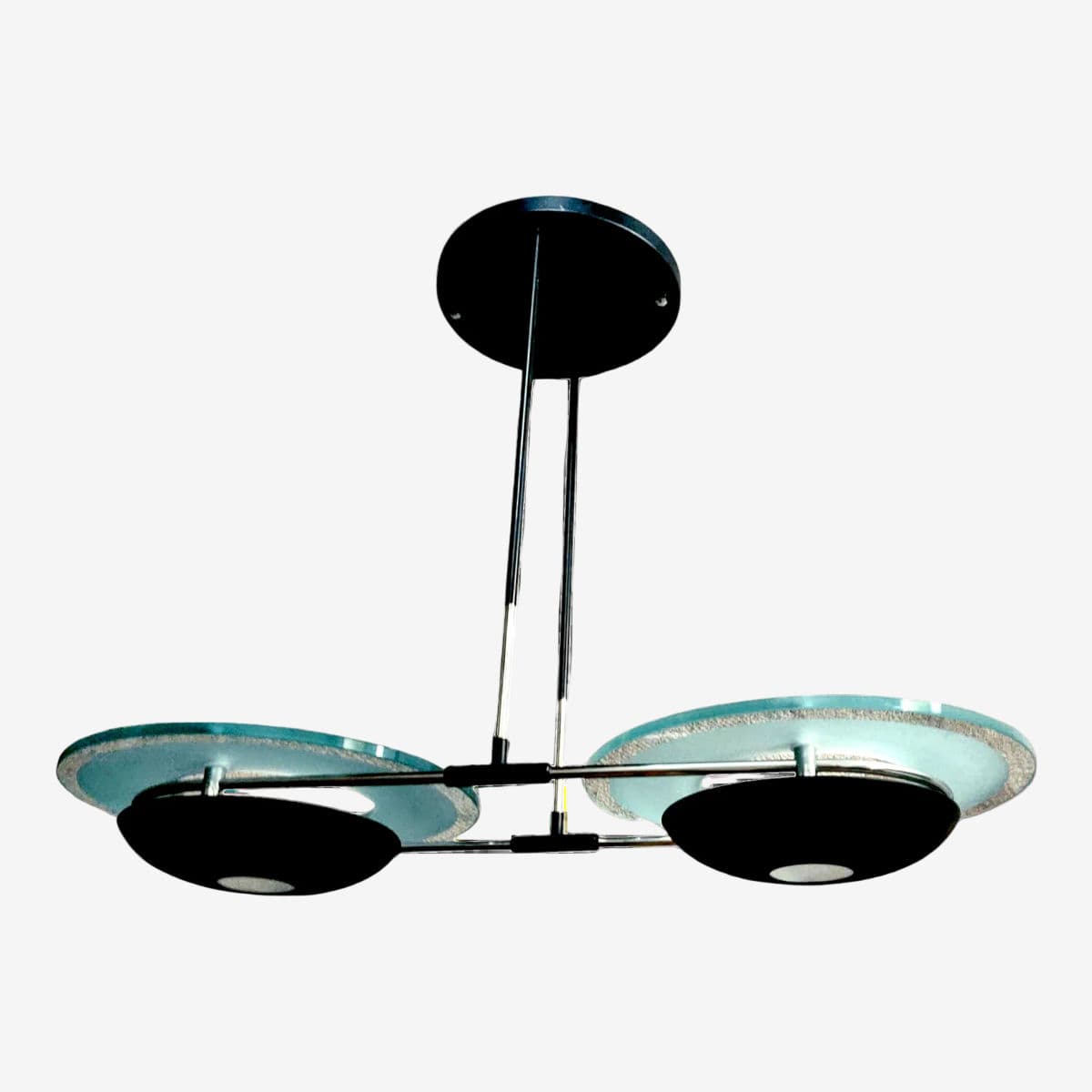 90s Postmodern Black Metal & Glass Dbl Pendant Chandelier in the Manner of Arte Fontana